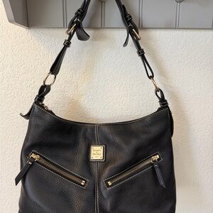 Dooney & Bourke Black Pebble Leather Hobo Shoulder Bag with Gold Hardware